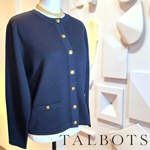 TALBOTS Luxe Navy 100% Merino Wool Cardigan w/ Gold Crest Buttons - Size M